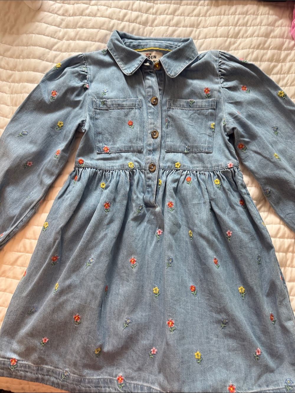 Boden Light Blue Denim Dress with Multicolor Floral Embroidery